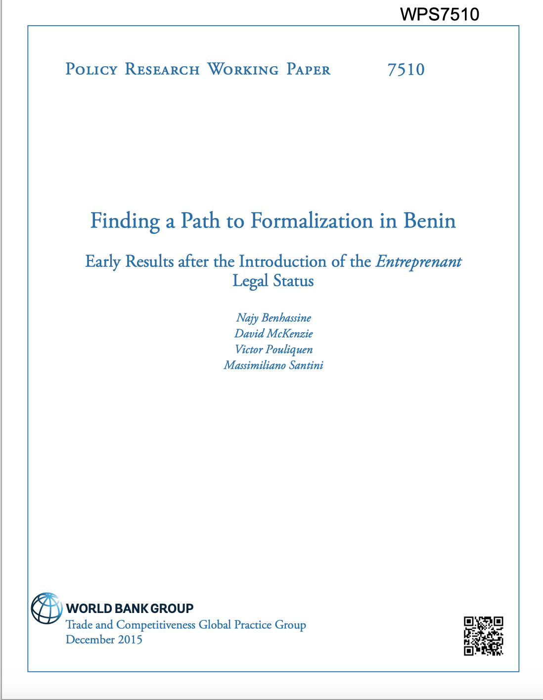 Finding A Path To Formalization In Benin: Early Results After The Introduction Of The Entreprenant Legal Status